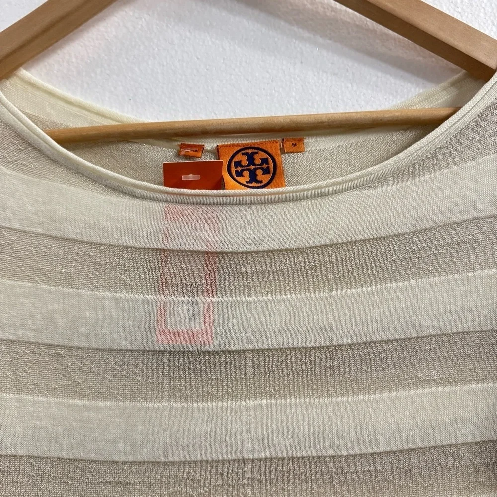 Tory Burch Metallic Stripe Knit Top Women’s M Beige Ivory 3/4 Sleeve NWT